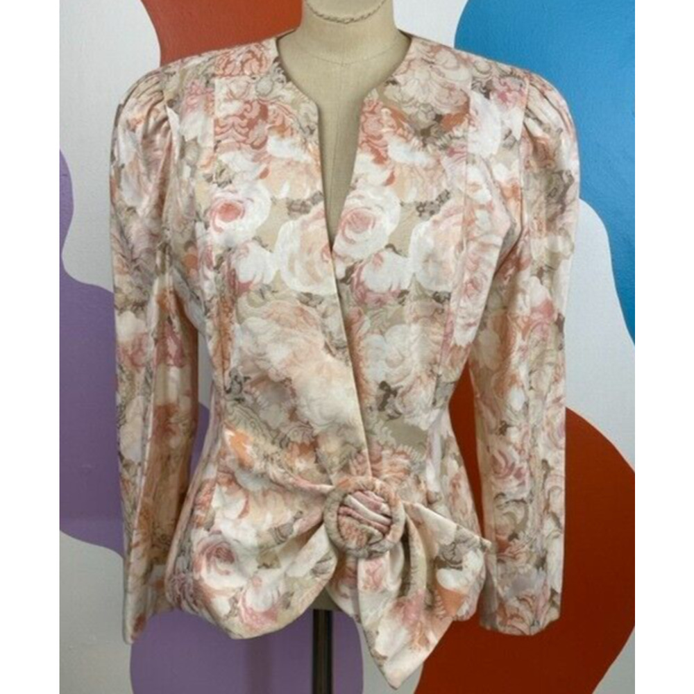 VTG 80s Floral Blazer Patra Womens Size 6 Jacket Puff Sleeve Surplice Formal